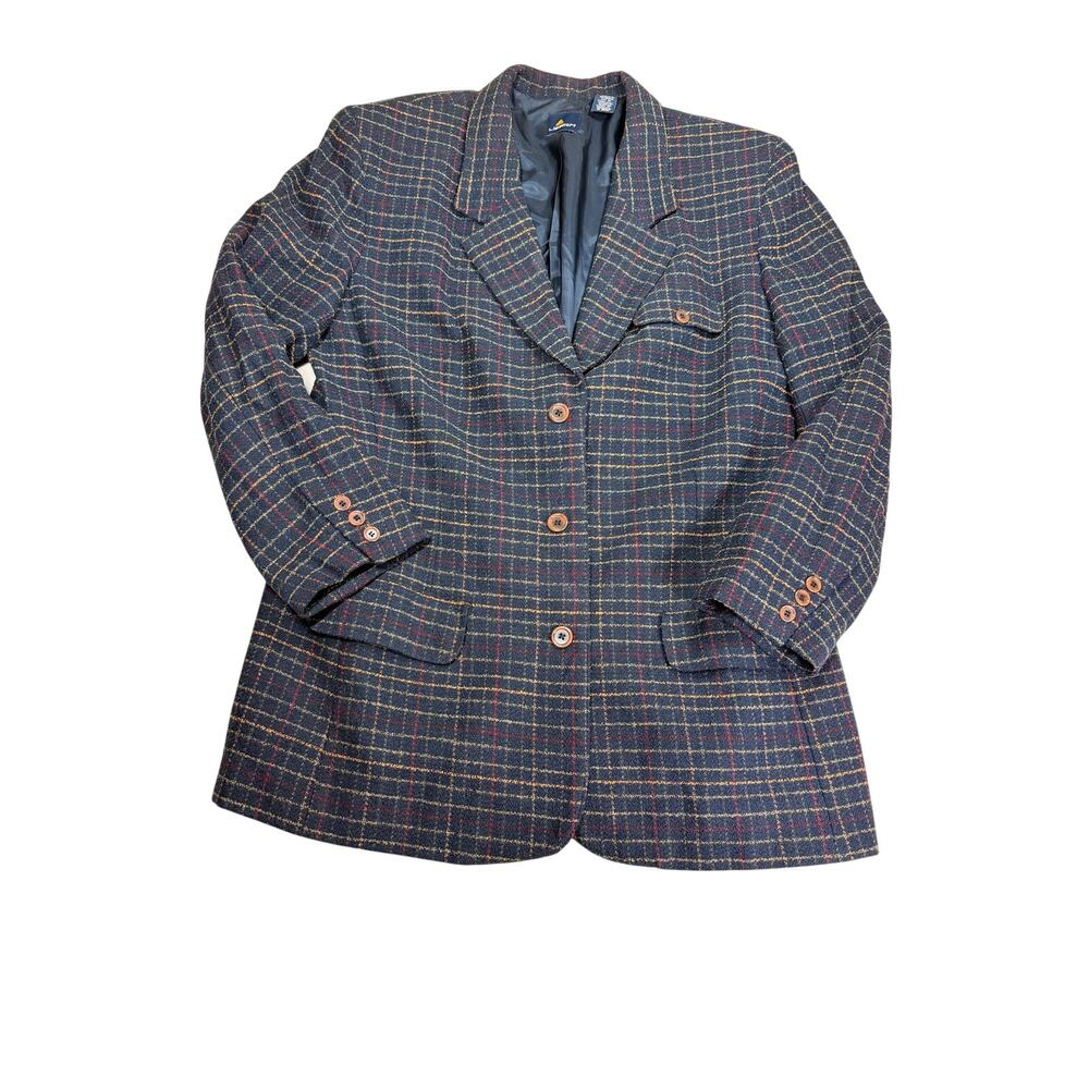 Vintage Lizsport Womens 14 Wool Blend Plaid Blazer Navy Academia 90s